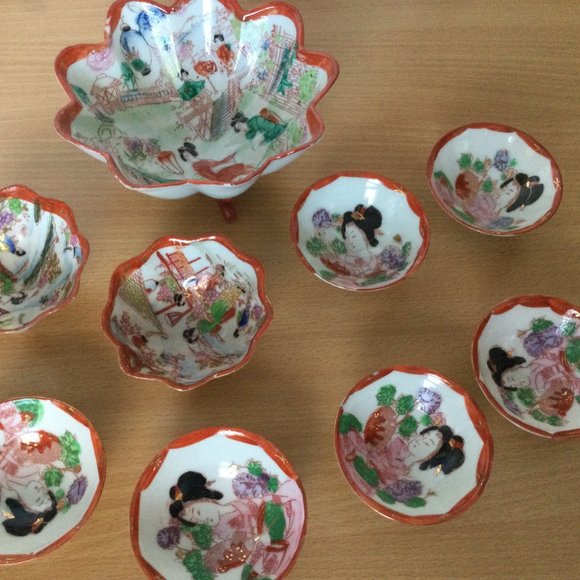 Vintage antique Japanese porcelain eggshell bowls footed flower shaped lot of 9 - Picture 2 of 7